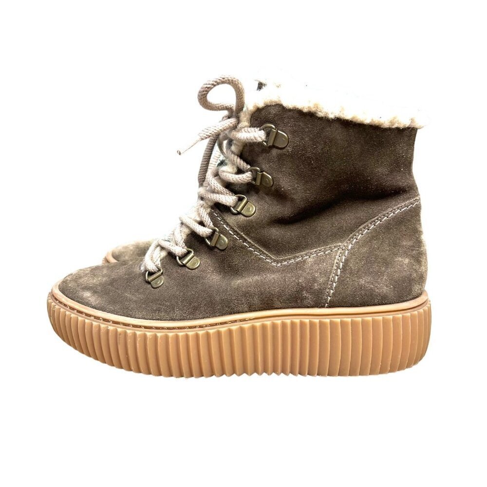 Paul Green Lace Up Platform Hiking Ankle Boots Tan Suede Gorpcore Size 6.5 US